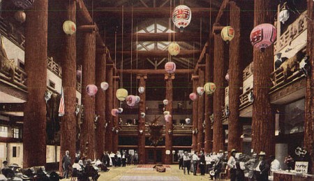 early view of the lobby at glacier park lodge