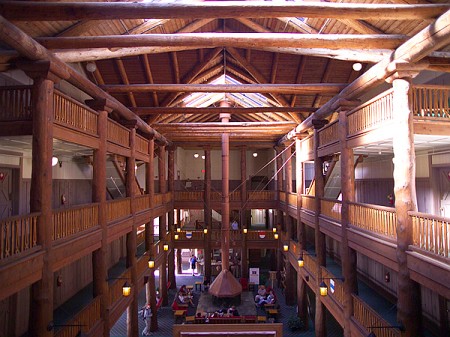 current view of the lobby in many glacier